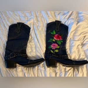 J Renee Dakota Denim Cowboy Boots with Embroidered Floral Design and Grommets